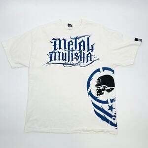 y2k vtg Metal Mulisha AOP Big Graphic Print T-Shirt White Skull Chains Size XL